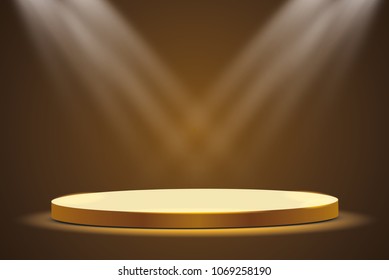 
Golden podium with a spotlight on a dark background, the first place, fame and popularity. Vector illustration
