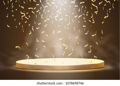 Golden podium with a spotlight on a dark background, with candy, sparkles. First place, fame and popularity. Vector illustration
