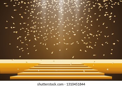 Golden podium with a spotlight on a dark background, with fog and confetti, the first place, fame and popularity. Vector illustration.