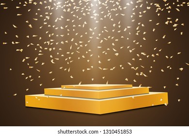 Golden podium with a spotlight on a dark background, with fog and confetti, the first place, fame and popularity. Vector illustration.