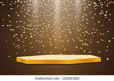 Golden podium with a spotlight on a dark background, with fog and confetti, the first place, fame and popularity. Vector illustration.
