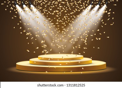 Golden podium with a spotlight on a dark background, with fog and confetti, the first place, fame and popularity. Vector illustration.