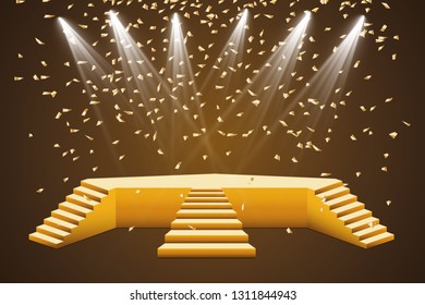 Golden podium with a spotlight on a dark background, with fog and confetti, the first place, fame and popularity. Vector illustration.