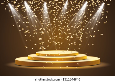 Golden podium with a spotlight on a dark background, with fog and confetti, the first place, fame and popularity. Vector illustration.