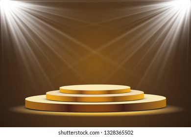 Golden podium with a spotlight on a dark background, the first place, fame and popularity. Vector illustration.