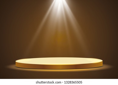 Golden podium with a spotlight on a dark background, the first place, fame and popularity. Vector illustration.