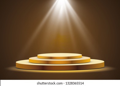 Golden podium with a spotlight on a dark background, the first place, fame and popularity. Vector illustration.