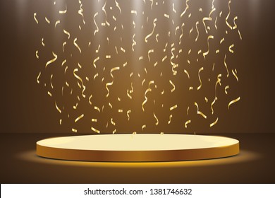 Golden podium with a spotlight on a dark background, with fog and confetti, the first place, fame and popularity. Vector illustration.