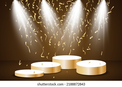 Golden podium with a spotlight on a dark background, with sweets, sparkles. First place, fame and popularity. Vector illustration
