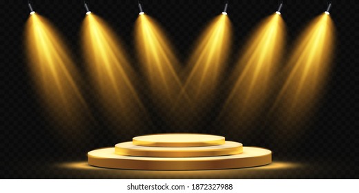 
Golden podium with a spotlight on a transparent dark background, first place, fame and popularity. Vector illustration.