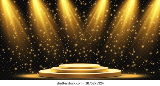 Golden podium with a spotlight on a transparent dark background, first place, fame and popularity. Vector illustration.