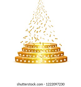 Golden podium with a spotlight on a white background, with confetti, the first place, fame and popularity. Vector illustration. Empty round shelf gold for exhibition