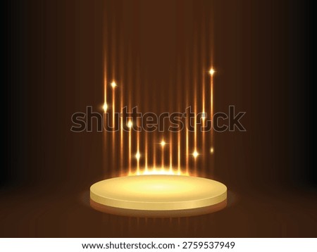 Golden Podium Stage with Light Rays, Luxury 3D Award Platform, Glowing Product Display Background Vector
