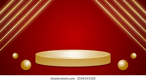 Golden Podium Stage On Red Background With Glowing Lines And Ball. Minimalist. Vector Illustration. Abstract Business Wallpaper
