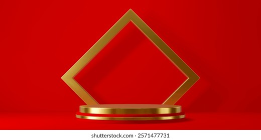 Golden podium stage in red room with gold geometric arch, vector product display. Golden podium or pedestal stage stairs with premium red background for luxury product showcase or showroom