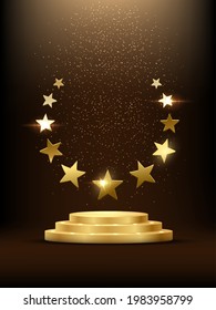 Golden podium with stars glowing. Gold stage with glitter and light smoke on dark background. Hollywood fame in film and cinema or championship in sport vector illustration.