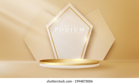 Golden podium and triangular arch with 3d paper cut style. luxury abstract background. cylinder shape for show product or stage for award ceremony. vector illustration.