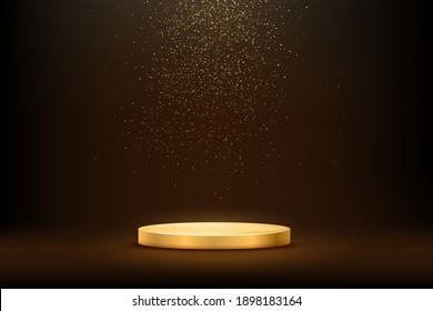 Golden Podium Under Falling Gold Glitter Isolated On Dark Background. Vector Illustration