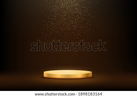 Golden podium under falling gold glitter isolated on dark background. Vector illustration