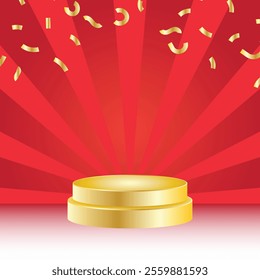 golden podium vector design with gold confetti ornaments and red background with sunburst effect