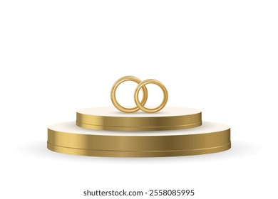 Golden podium with wedding rings. Empty space of luxury stage design. 3d realistic illustration on white background.