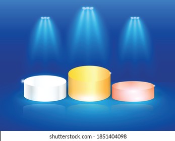 Goldener Podiumon auf blauem Hintergrund, der erste Platz, Ruhm und Beliebtheit. Vektorgrafik