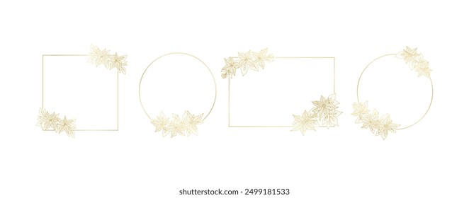 Golden Poinsettia flowers line art border frame isolated on white background. Luxury floral design elements for Christmas invitation, wedding, wallpaper, print template, vector illustration