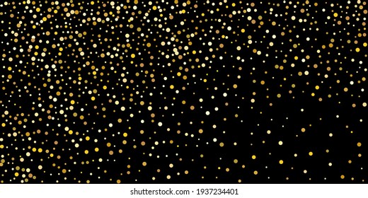 Golden point confetti on a black background.  Illustration of a drop of shiny particles. Decorative element. Element of design. Vector illustration, EPS 10. 