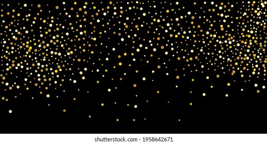 Golden point confetti on a black background. Illustration of a drop of shiny particles. Decorative element. Element of design. Vector illustration, EPS 10. 