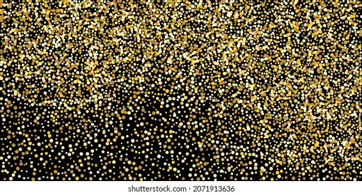 Goldener Punkt Konfetti auf schwarzem Hintergrund. Illustration eines Tropfens glänzender Partikel. Dekoratives Element. Element des Designs. Vektorgrafik, EPS10.