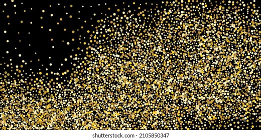 Golden point confetti on a black background. Illustration of a drop of shiny particles. Decorative element. Element of design. Vector illustration, EPS 10.
