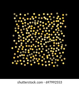 Golden points of confetti. Abstract chaotic scatter on a black background. Glitter for the banner, greeting card, Christmas card, invitation, paper packing. Astral design. Vector illustration.