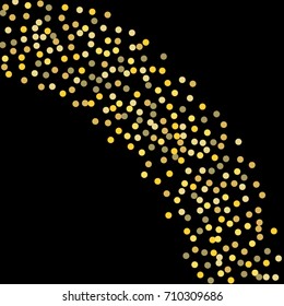 Golden points of confetti. Abstract chaotic scatter on a black background. Glitter for the banner, greeting card, Christmas card, invitation, paper packing. Astral design. Vector illustration.