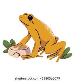 Goldener Giftdarm, Pfeilfrosch sitzen auf Stein, Gras. Kleine giftige, gefährliche Regenwaldtoad. Amphibien mit toxischer Haut. Wildfauna. Flache einzelne Vektorgrafik auf weißem Hintergrund