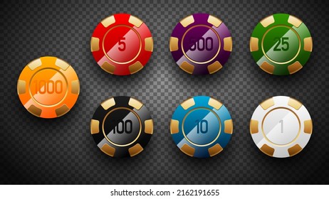 Golden poker chips in different glossy colors and denominations. Black jack poker club casino emblem isolated on transparent background. Vector VIP casino chip icon design