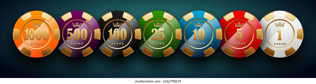 Golden poker chips in different glossy colors and denominations. Black jack poker club casino crown emblem isolated on turquoise background. Vector VIP casino chip icon expensive design