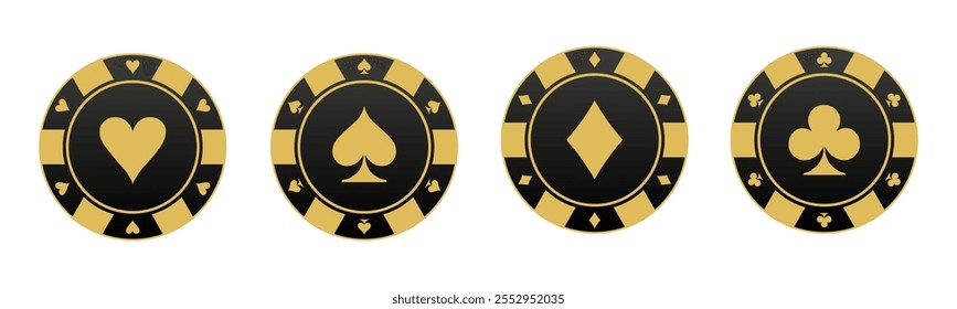 Dourado jogo de vetor de chips de poker, fichas de jogo com ternos para poker, jogo de casino online, espadas corações diamantes clubes