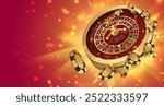 Golden poker chips, tokens with gold casino roulette wheel on red background with glitter, lightning. Vector illustration for casino, game design, advertising