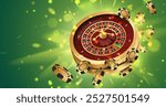 Golden poker chips, tokens with gold casino roulette wheel on green background with glitter, lightning. Vector illustration for casino, game design, advertising