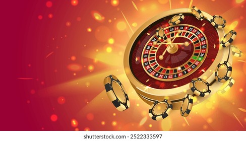 Chips de poker dourado, fichas com roda de roleta de casino de ouro no fundo vermelho com brilho, relâmpago. Ilustração vetorial para cassino, design de jogos, publicidade