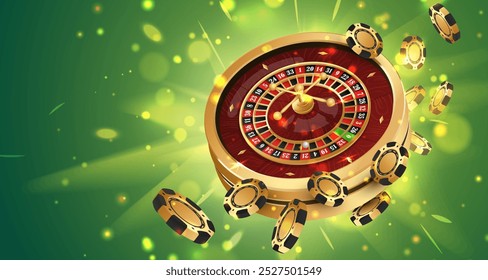 Golden poker chips, tokens with gold casino roulette wheel on green background with glitter, lightning. Vector illustration for casino, game design, advertising