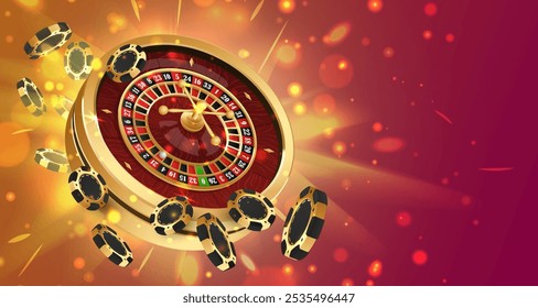 Chips de poker dourado, fichas com roda de roleta de casino de ouro no fundo vermelho com brilho, relâmpago. Ilustração vetorial para cassino, design de jogos, publicidade