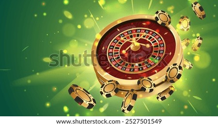 Golden poker chips, tokens with gold casino roulette wheel on green background with glitter, lightning. Vector illustration for casino, game design, advertising