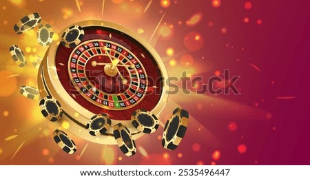 Golden poker chips, tokens with gold casino roulette wheel on red background with glitter, lightning. Vector illustration for casino, game design, advertising