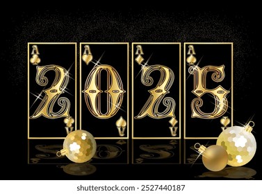 Golden poker new year 2025 card, vector illustration