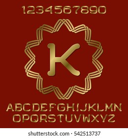 Golden polished letters and numbers with initial monogram in decorative round frame. Beautiful presentable font kit for logo design.