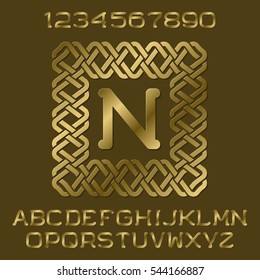 Golden polished letters and numbers with initial monogram in decorative square frame. Beautiful presentable font kit for logo design.