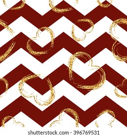 Golden polka dot seamless pattern. Gold confetti glitter zigzag. Geometric red and white zig zag texture. New year or christmas design for card, wallpaper, wrapping, textile. Vector Illustration