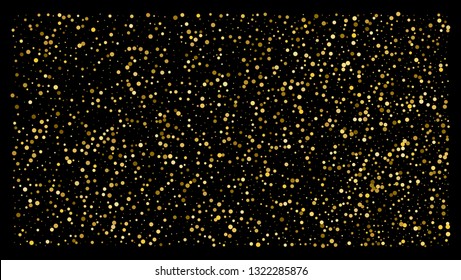 Golden polka dot small confetti on black background. Luxury festive background. Gold shiny abstract texture. Element of design. Vector 