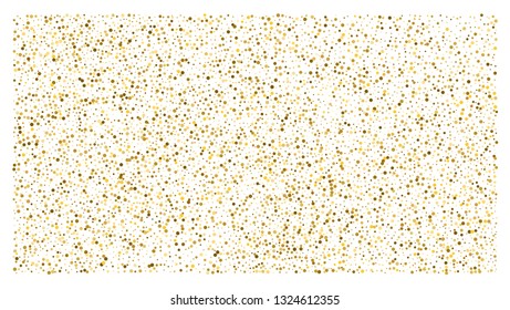 Golden polka dot small confetti on white background. Luxury festive background. Gold shiny abstract texture. Element of design. Vector 